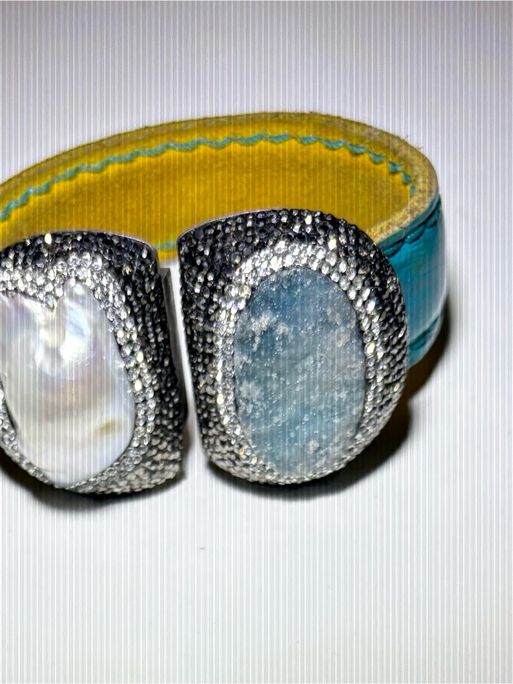 Aqua Leather Cuff Bracelet with Pearl and Blue Stone Accents